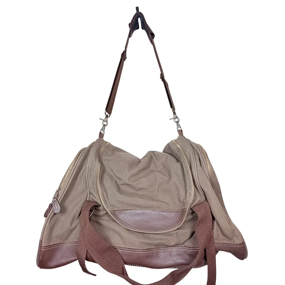Battenkill Style Canvas Leather Trim Duffle Bag Khaki Brown Travel Weekend Large